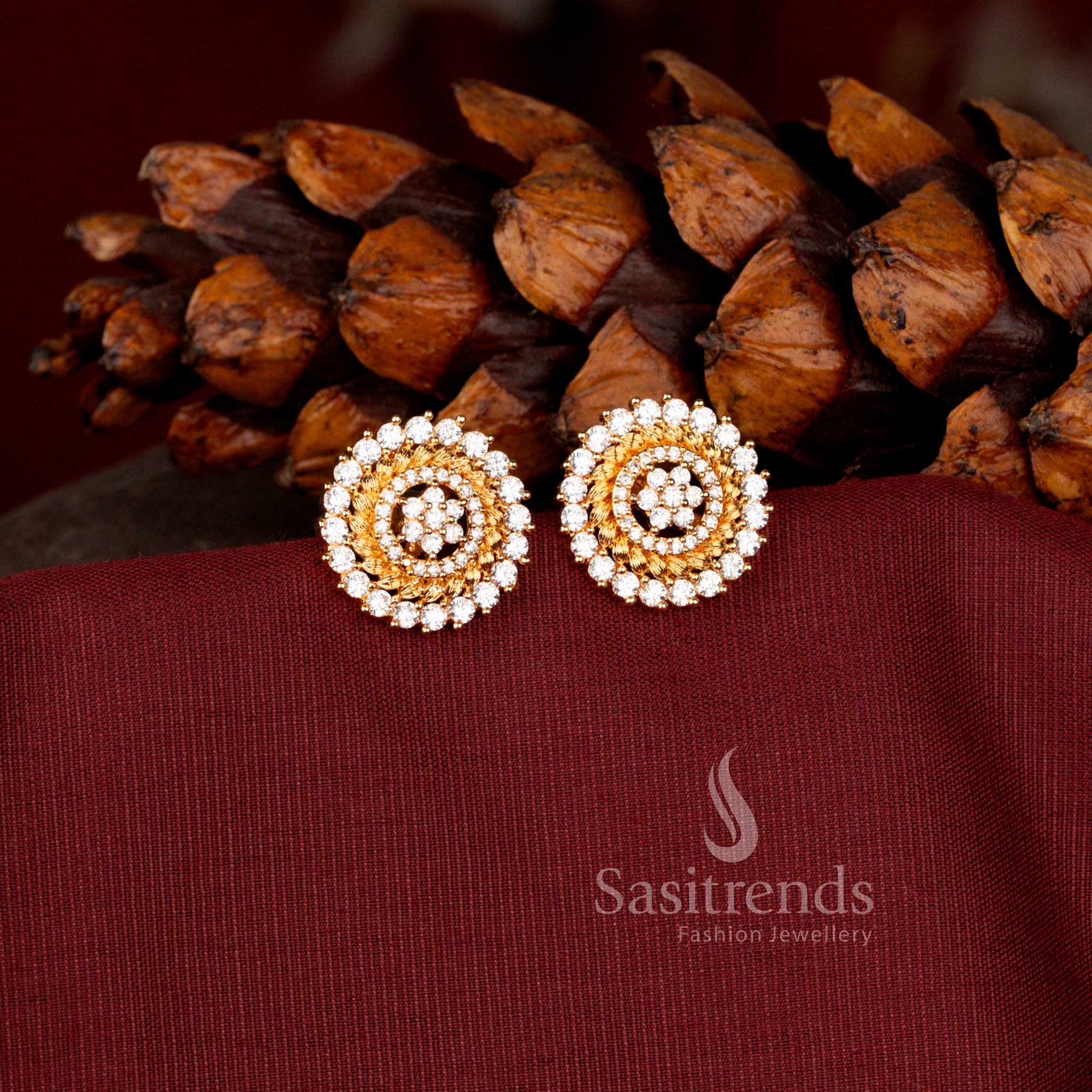 Micro Gold Plated Push Back Stud Earrings Featuring Brilliant American Diamonds, Real Gold Look Jewellery  - Sasitrends