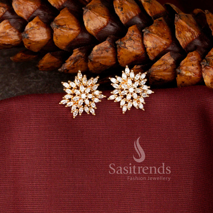 Micro Gold Plated Push Back Stud Earrings Featuring Brilliant American Diamonds, Real Gold Look Jewellery  - Sasitrends