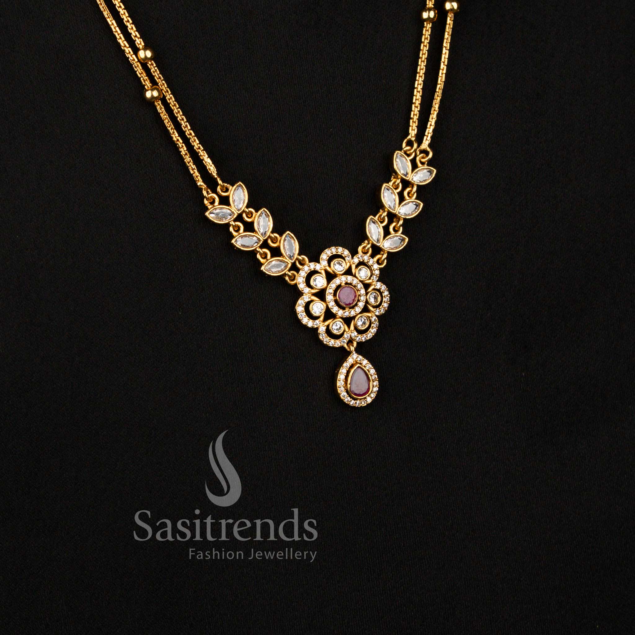 Matte Gold Plated American Diamond Two Layer Blossom Flower Haram Jewellery Set - Sasitrends
