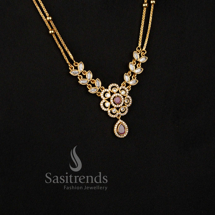 Matte Gold Plated American Diamond Two Layer Blossom Flower Haram Jewellery Set - Sasitrends