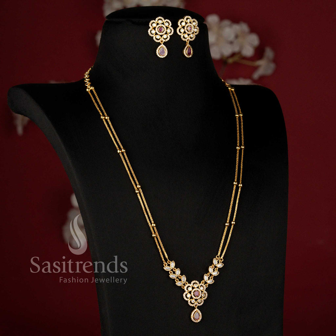 Matte Gold Plated American Diamond Two Layer Blossom Flower Haram Jewellery Set - Sasitrends