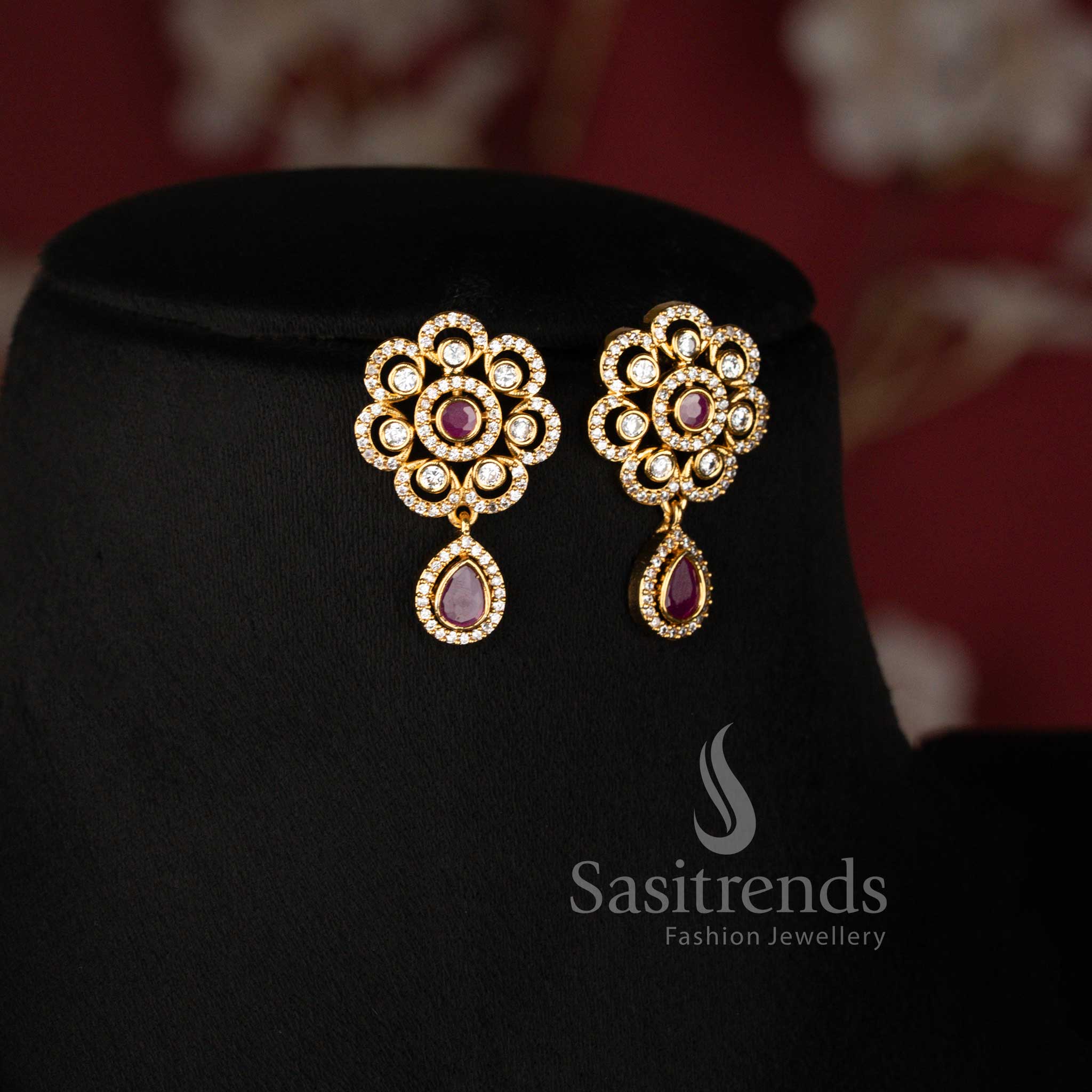 Matte Gold Plated American Diamond Blossom Flower Drop Earrings - Sasitrends