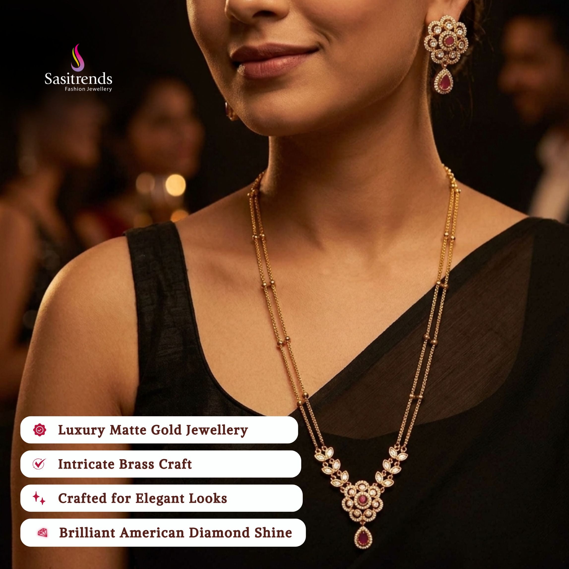Engagement wear matte gold plated AD stone necklace set model image - Sasitrends