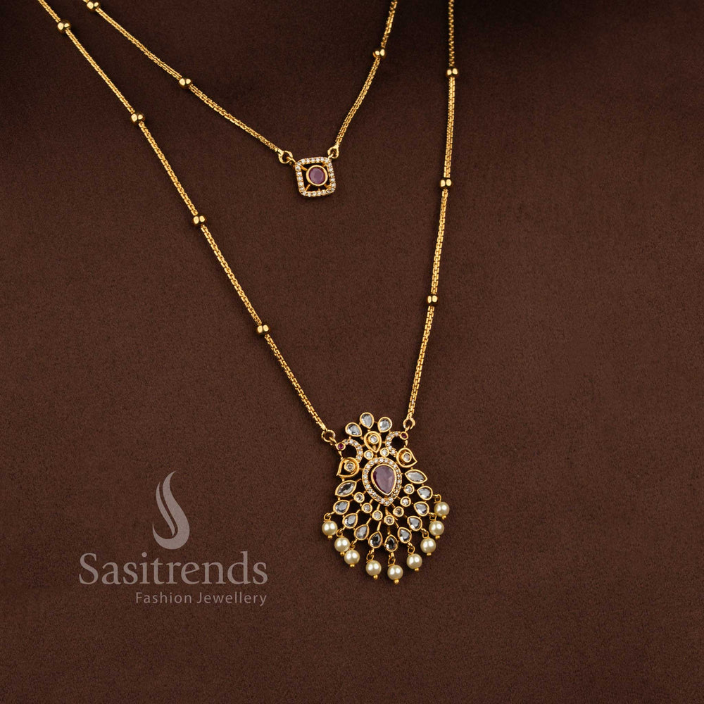 Elegant layered geometric peacock American Diamond jewellery set for weddings and festive occasions - Sasitrends