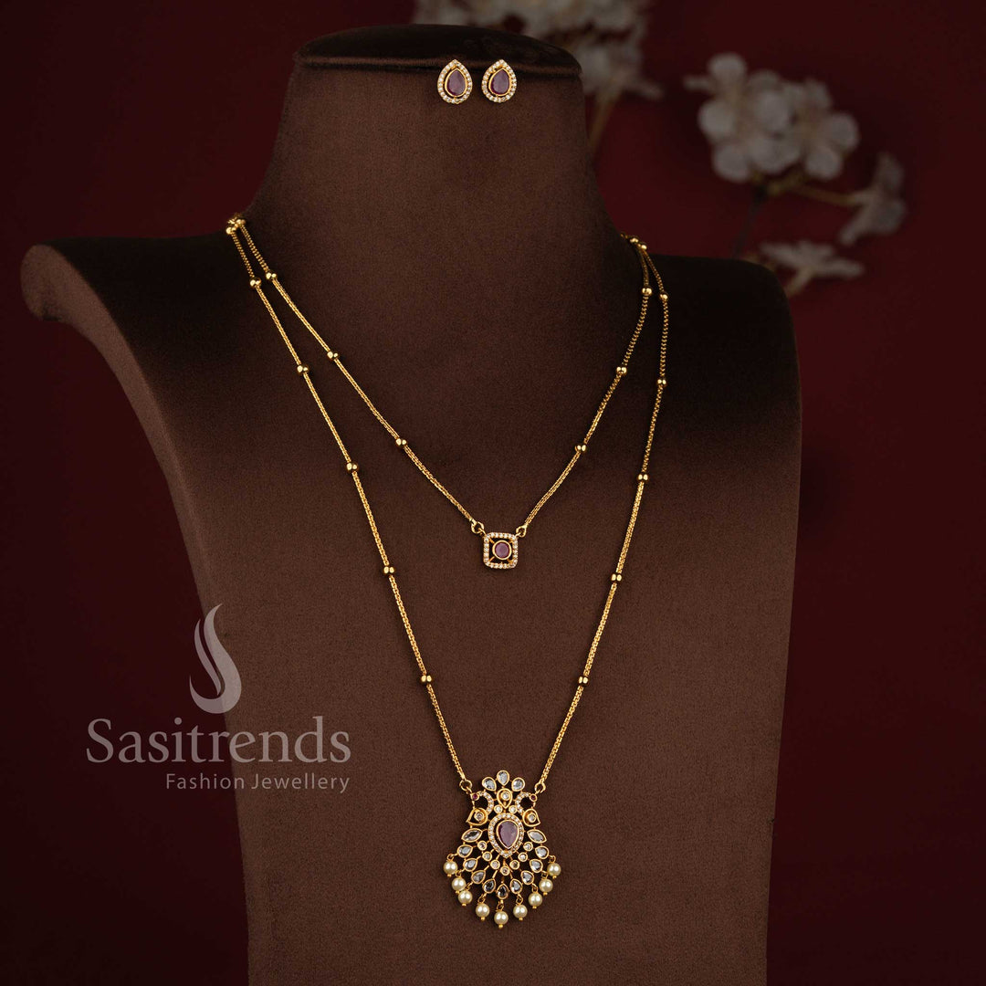 Temple matte gold plated two layer geometric peacock American Diamond long necklace set for festive wear - Sasitrends