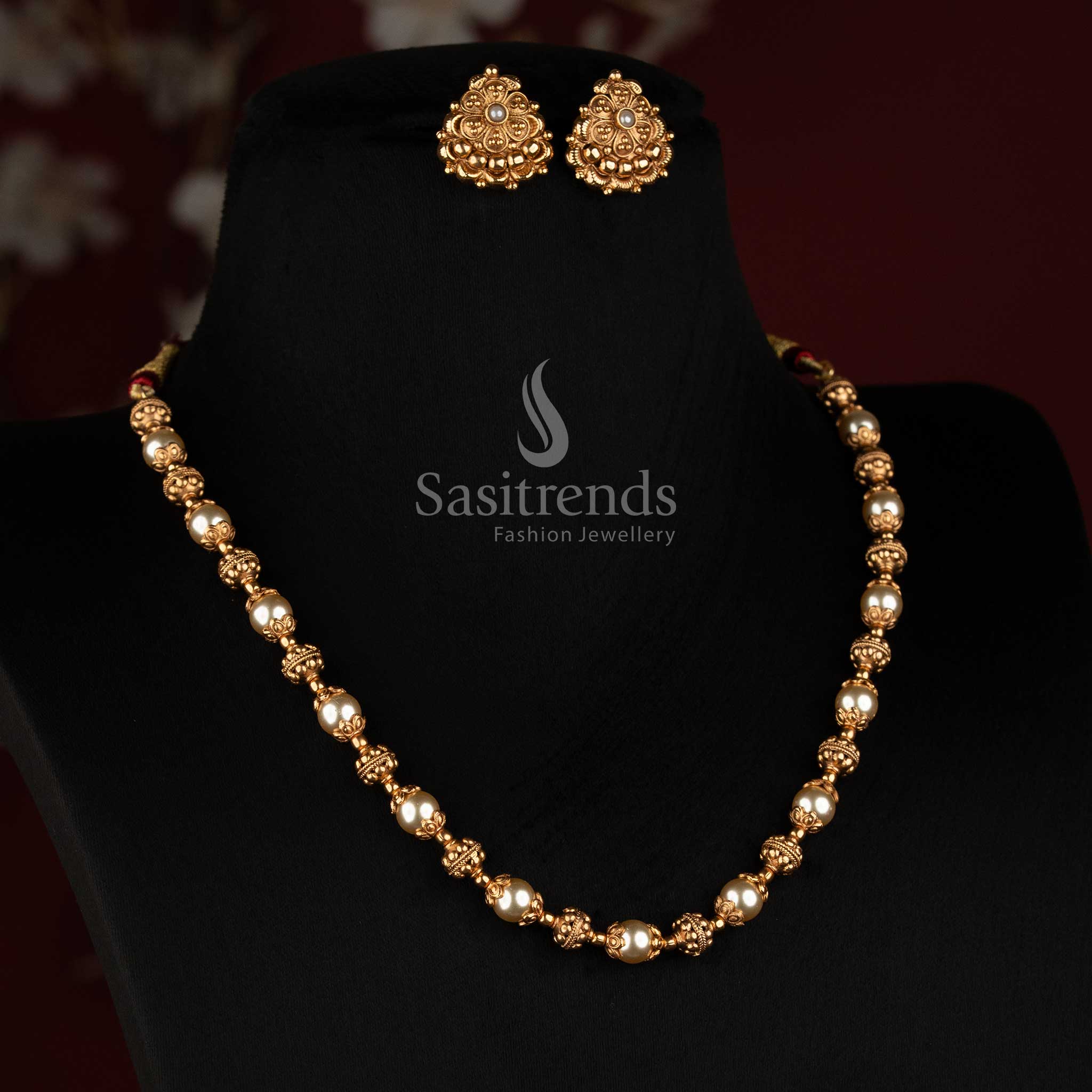 Sasitrends antique gold plated traditional floral pearl bead necklace with intricate detailing 