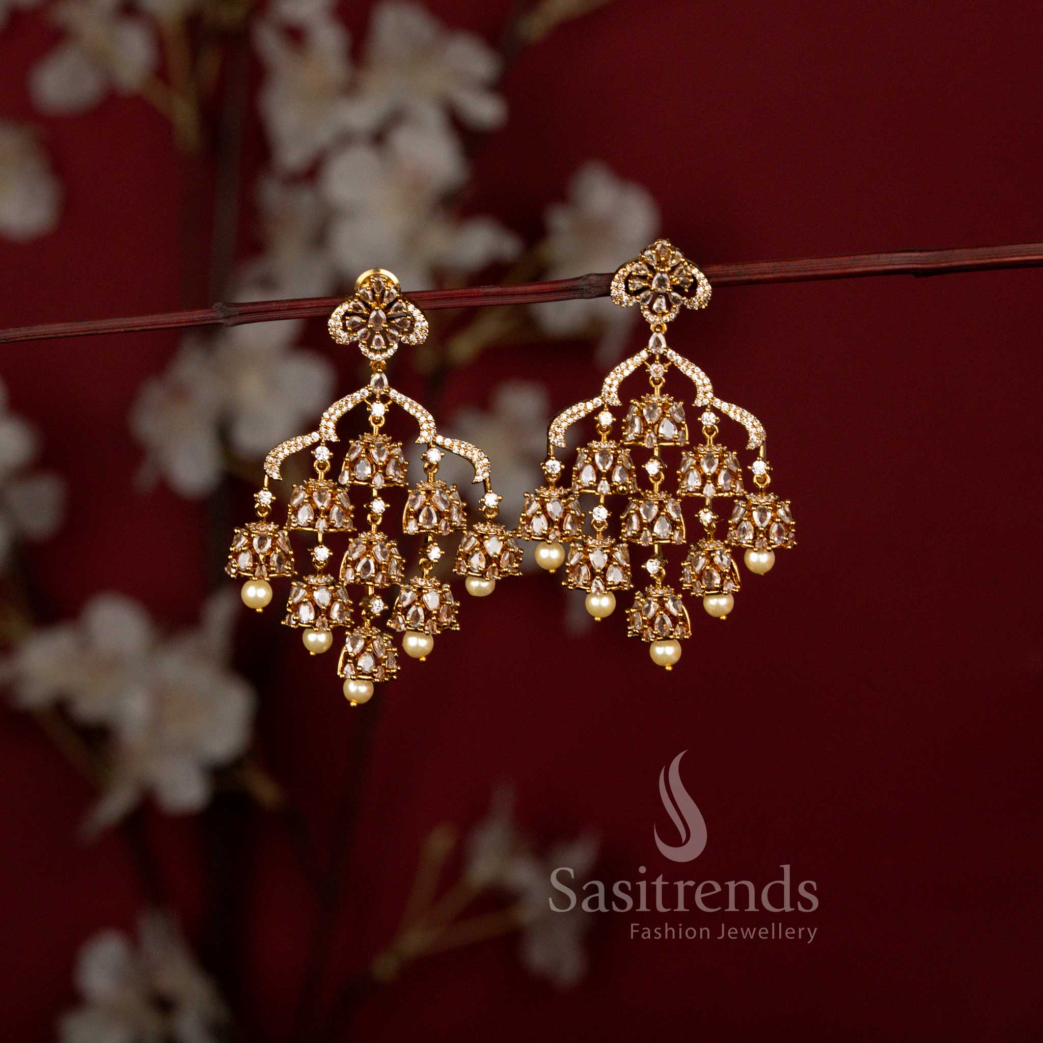 American Diamond Statement Earrings with Intricate Pearl Drop Design for Weddings - Sasitrends