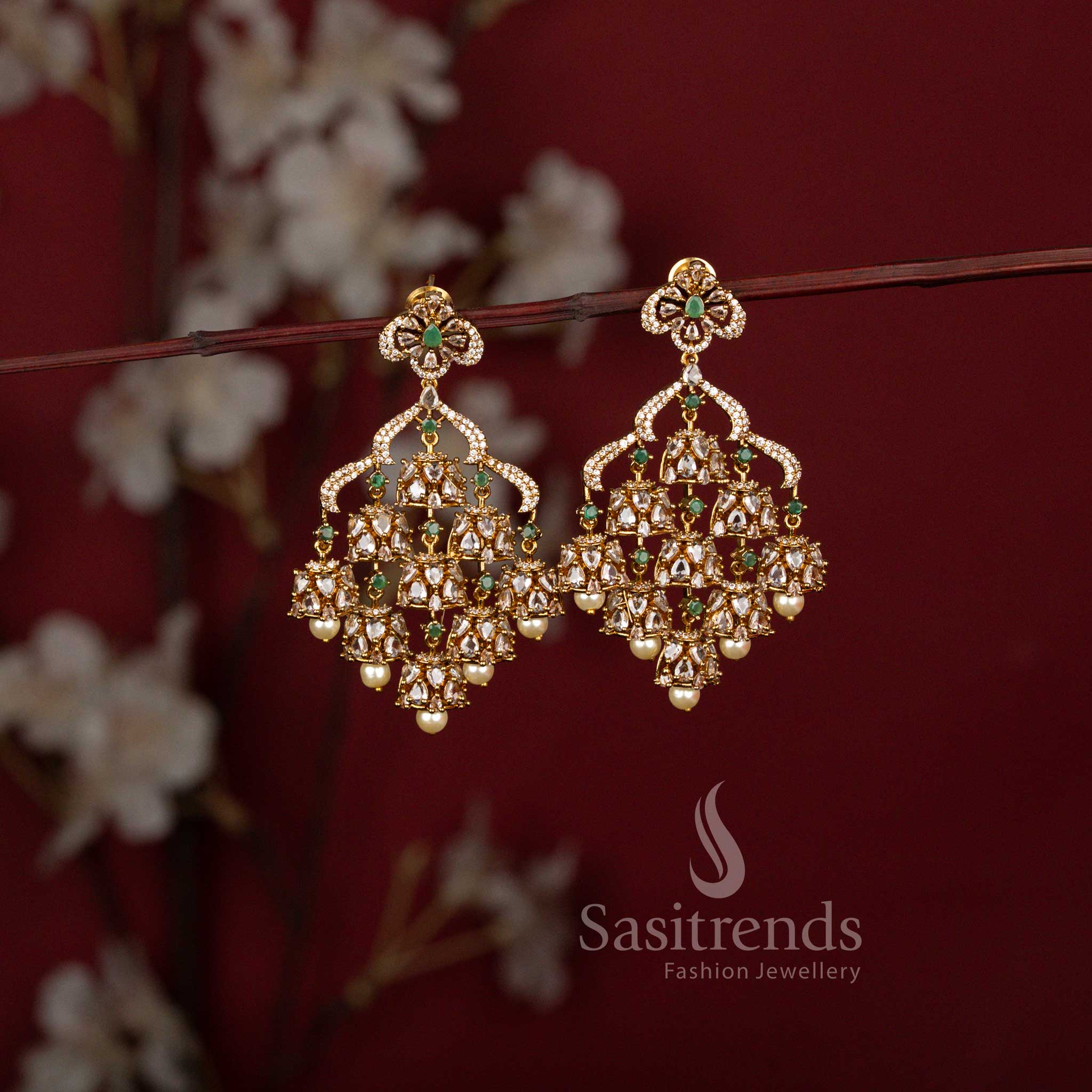 Grand American Diamond Chandbali Earrings Featuring Cascading Jhumka Danglers for Festive Wear - Sasitrends
