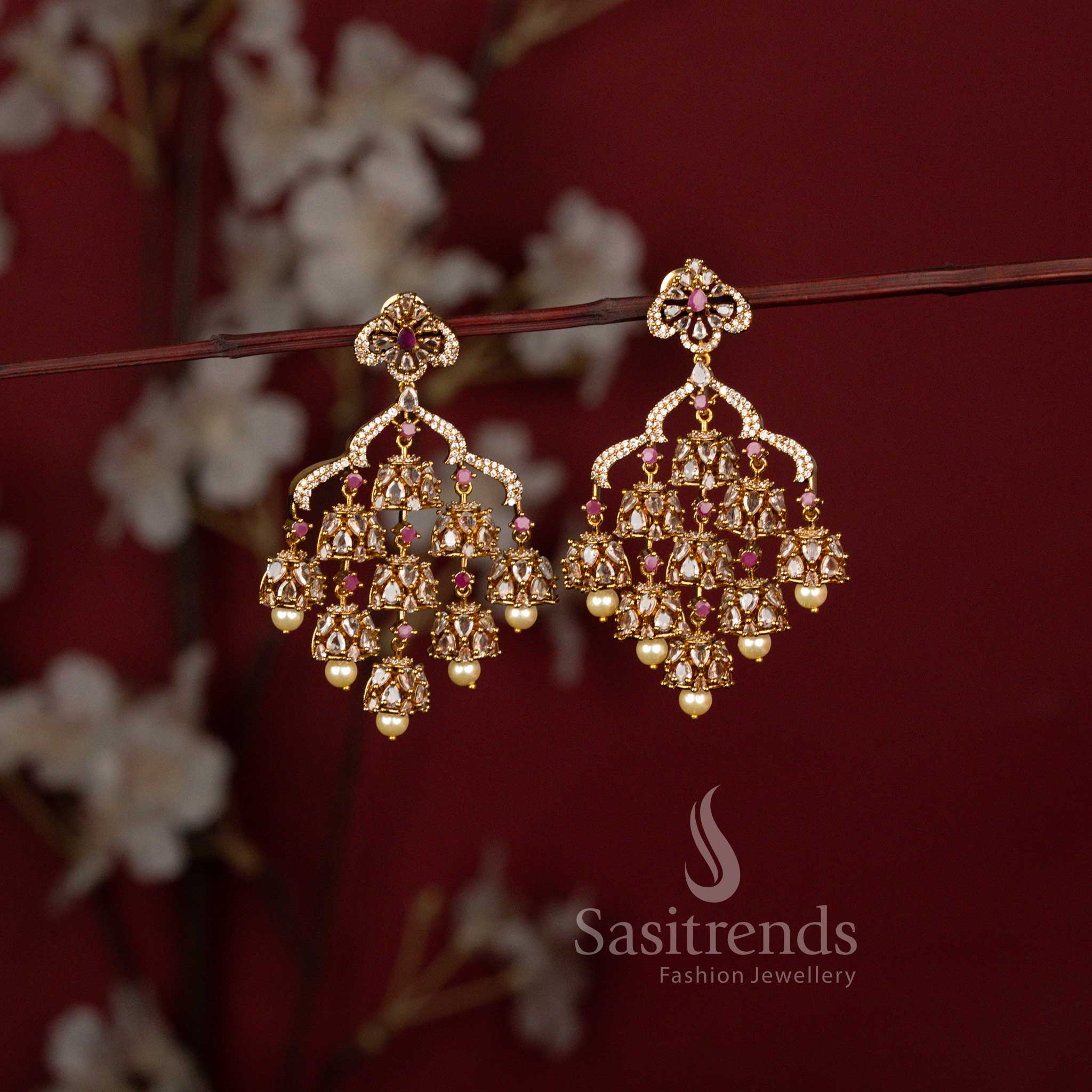Grand American Diamond Chandbali Earrings Featuring Cascading Jhumka Danglers for Festive Wear - Sasitrends