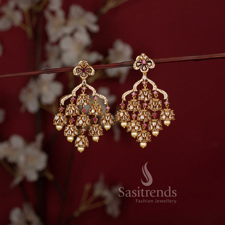 Grand American Diamond Chandbali Earrings Featuring Cascading Jhumka Danglers for Festive Wear - Sasitrends