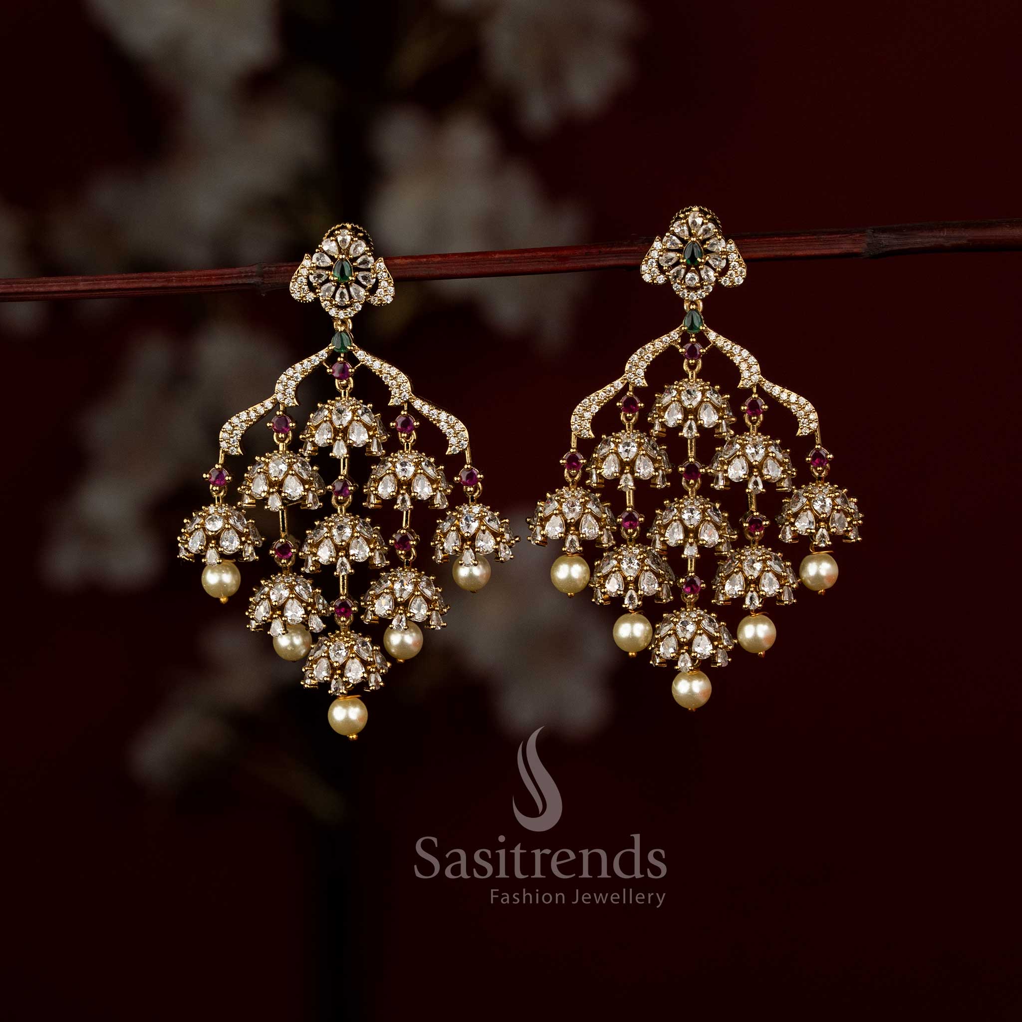 Elegant Micro Gold Plated Multi-Tiered Jhumka Earrings with AD Stones and Pearl Drops - Sasitrends