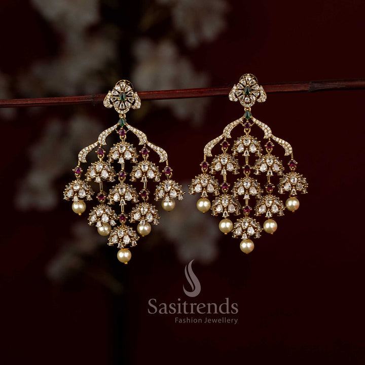 Elegant Micro Gold Plated Multi-Tiered Jhumka Earrings with AD Stones and Pearl Drops - Sasitrends