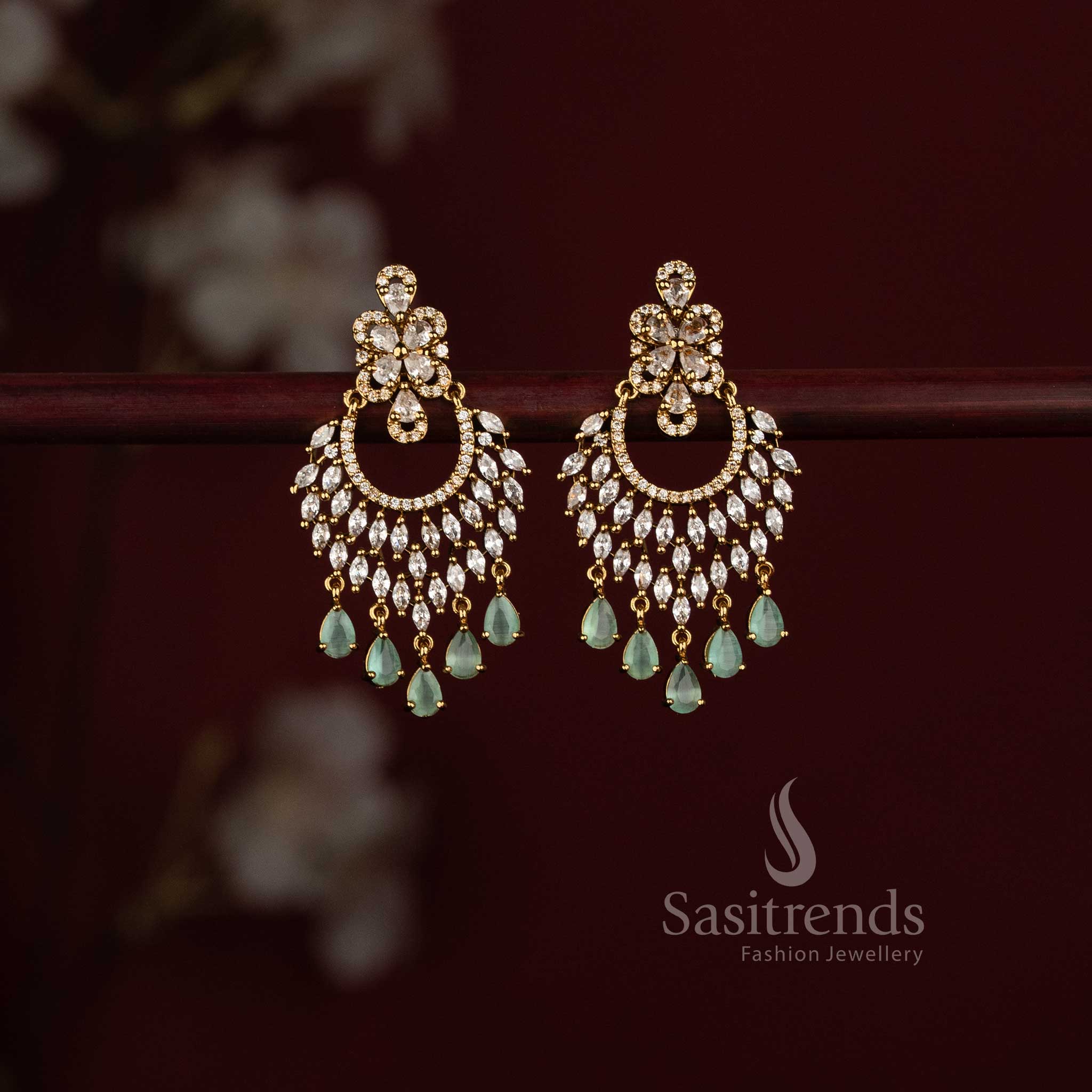 Traditional Gold Plated AD Stone Floral Crescent Chandbali Jhumka Earrings - Sasitrends