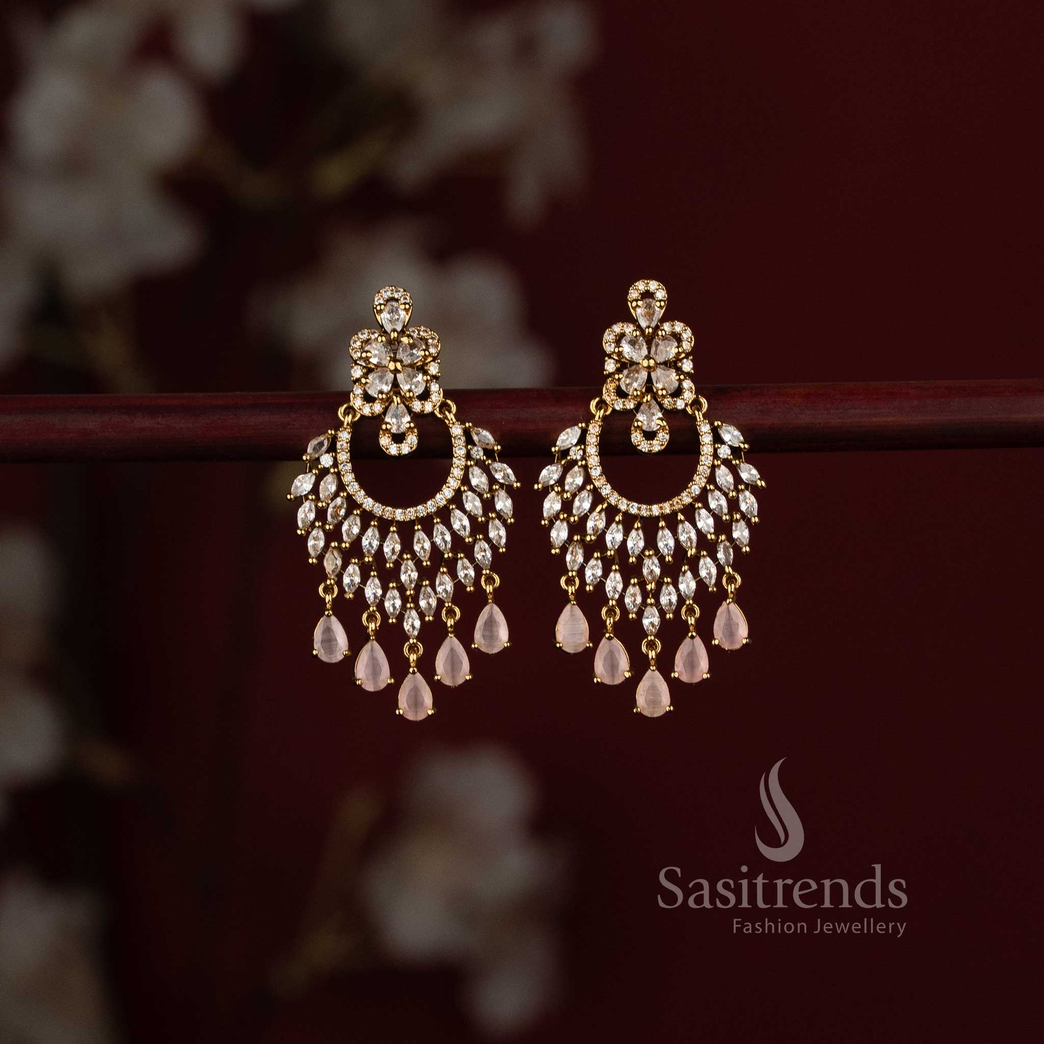 Traditional Gold Plated AD Stone Floral Crescent Chandbali Jhumka Earrings - Sasitrends