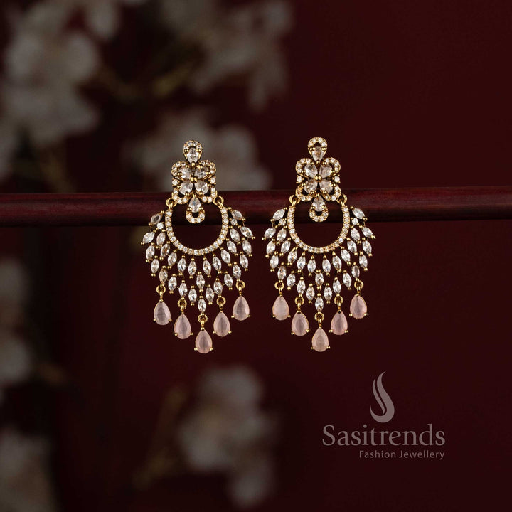 Traditional Gold Plated AD Stone Floral Crescent Chandbali Jhumka Earrings - Sasitrends