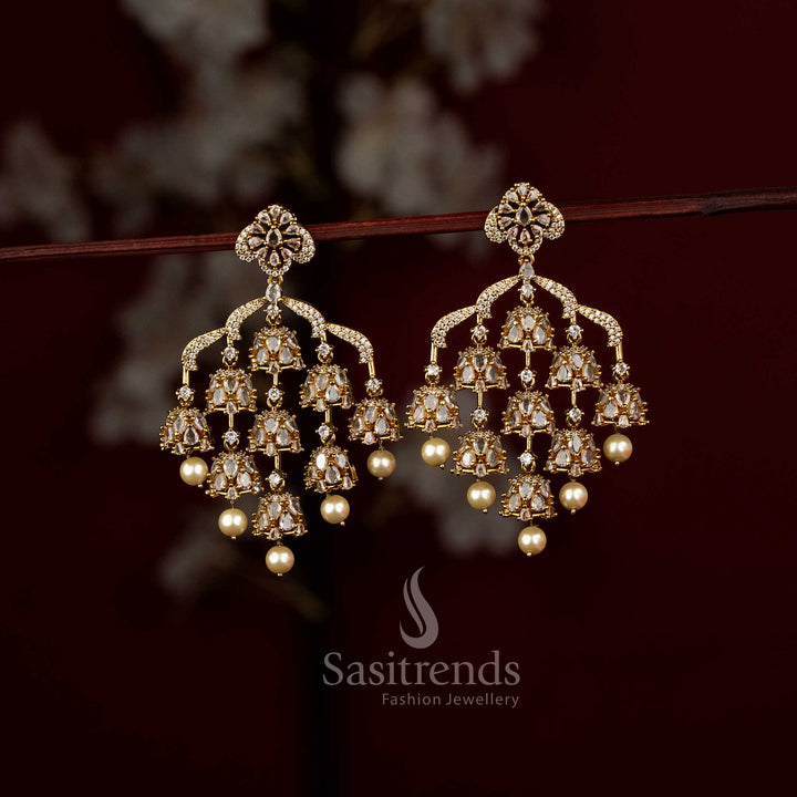 Elegant Micro Gold Plated Multi-Tiered Jhumka Earrings with AD Stones and Pearl Drops - Sasitrends