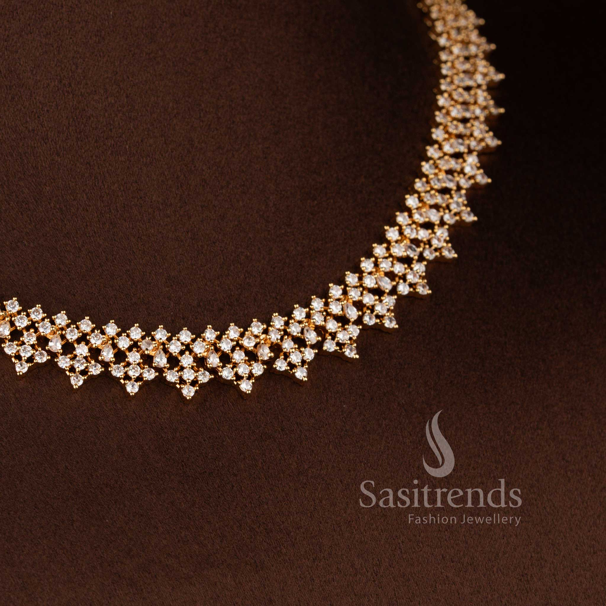 Beautiful American Diamond short necklace, long haram, and earrings jewellery set with elegant craftsmanship - Sasitrends