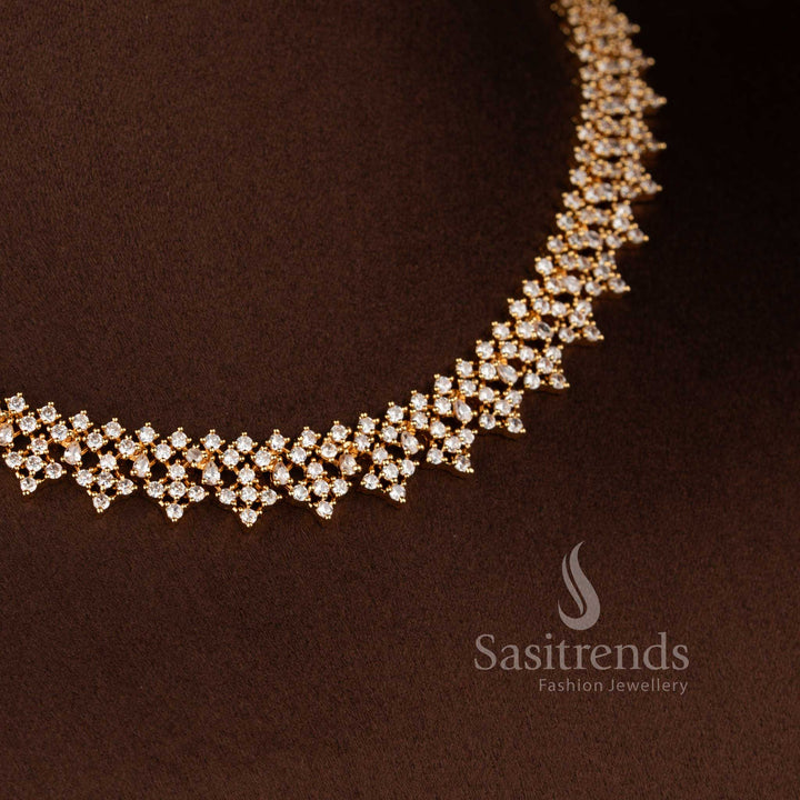 Beautiful American Diamond short necklace, long haram, and earrings jewellery set with elegant craftsmanship - Sasitrends