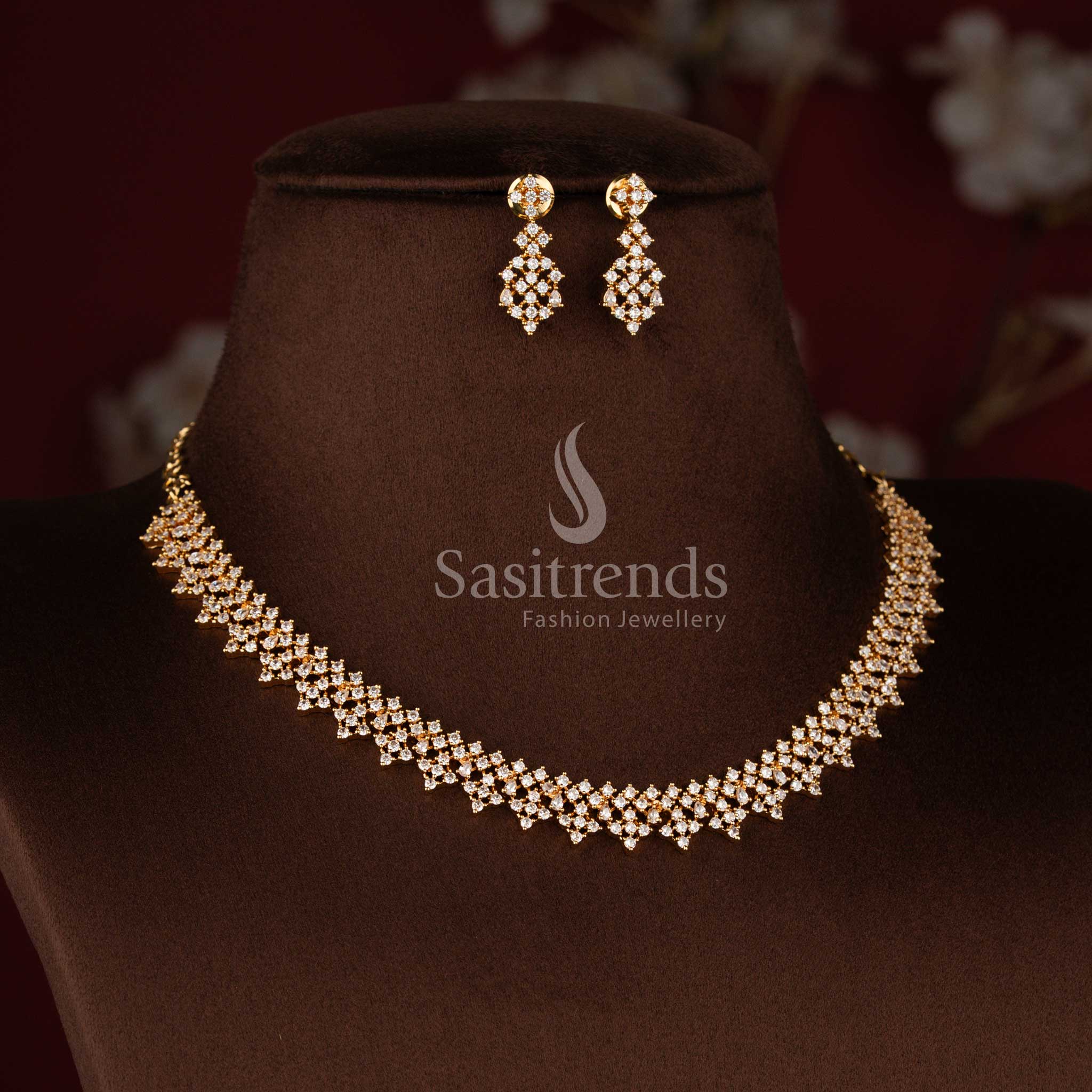 Traditional American Diamond matching earrings with coordinated short and long necklace set - Sasitrends