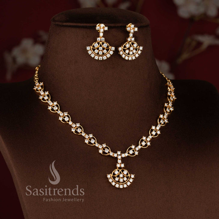 Amazing Micro Gold Plated Half Moon Pendant American Diamond Necklace Set for Festive Wear - Sasitrends