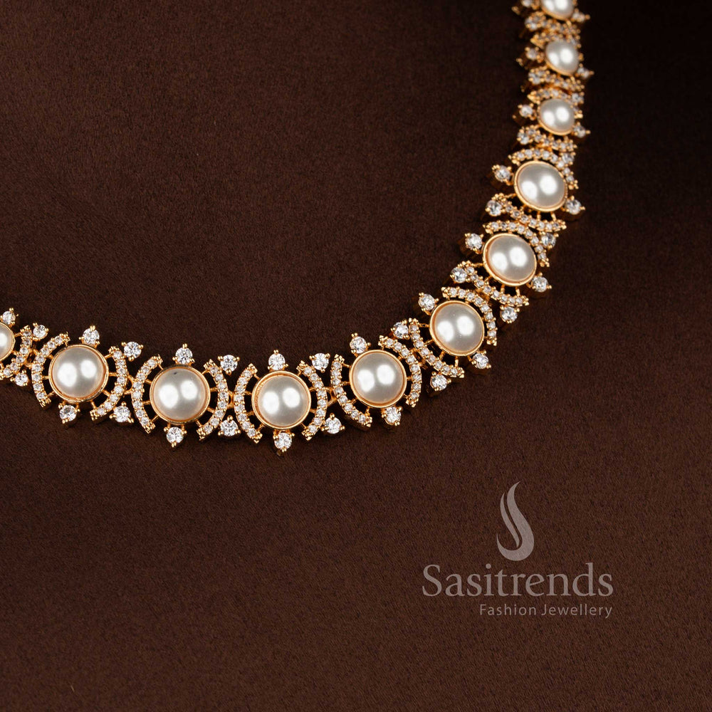 Beautiful American Diamond circular pearl choker necklace and earrings set with elegant craftsmanship - Sasitrends
