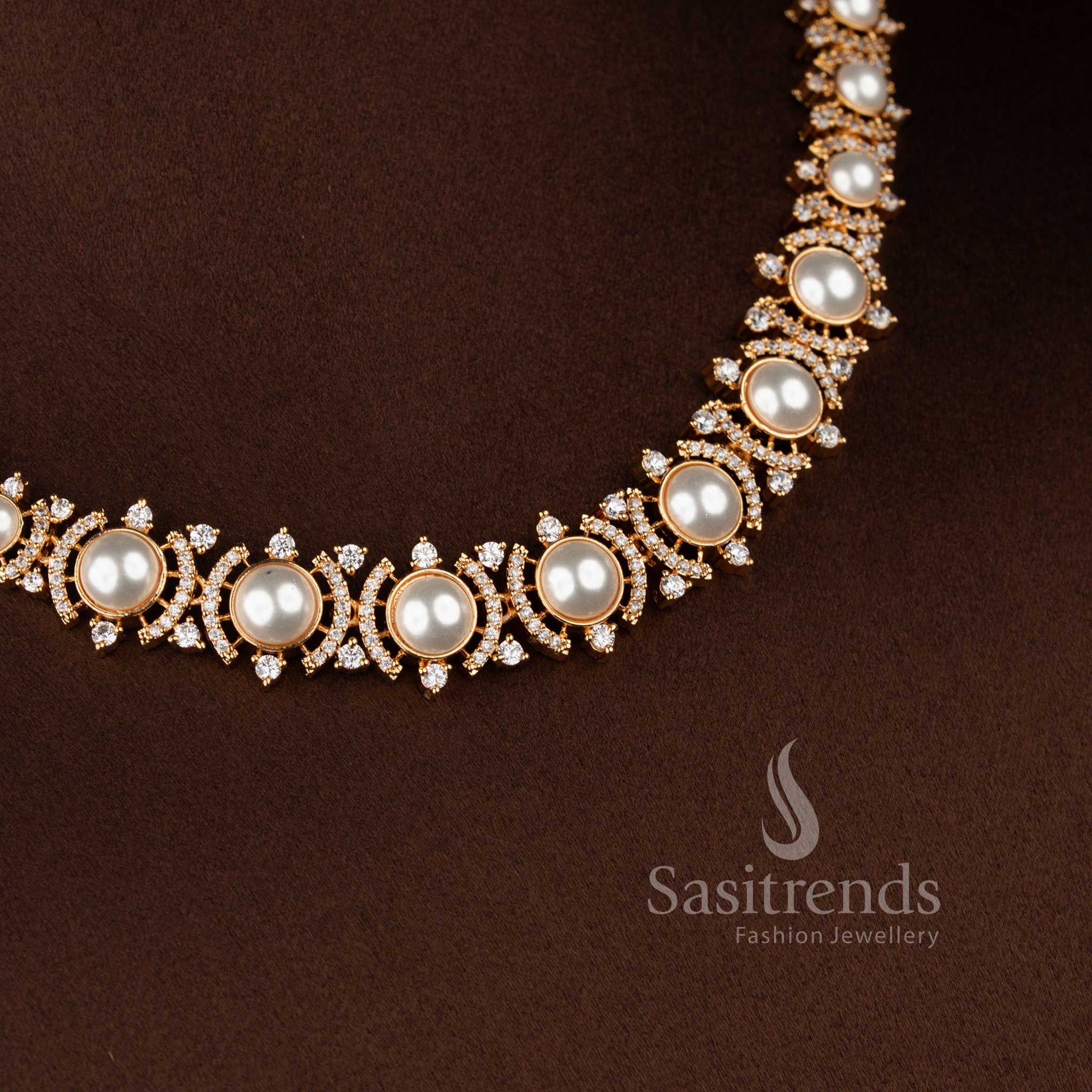 Beautiful American Diamond circular pearl choker necklace and earrings set with elegant craftsmanship - Sasitrends