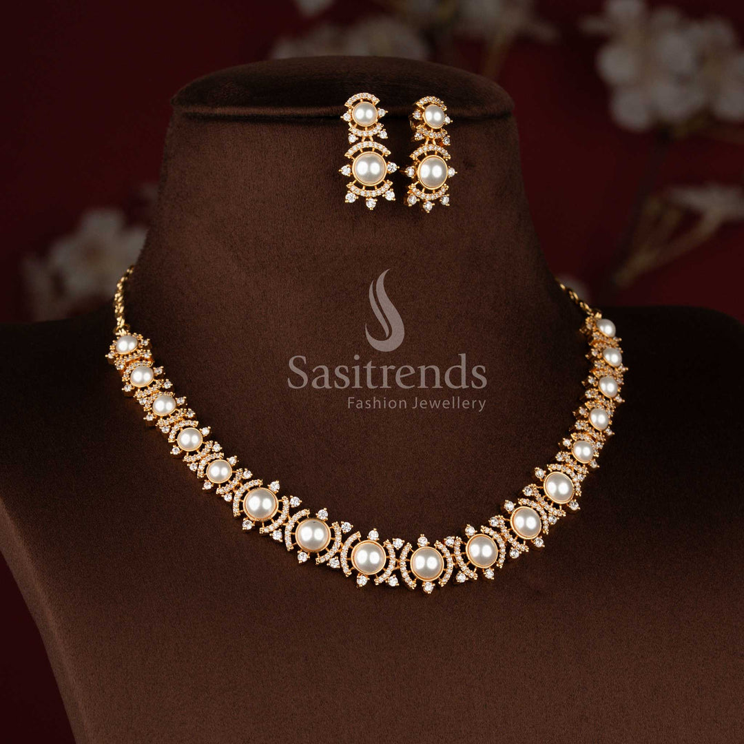 Beautiful American Diamond circular pearl choker necklace and earrings set with elegant craftsmanship - Sasitrends