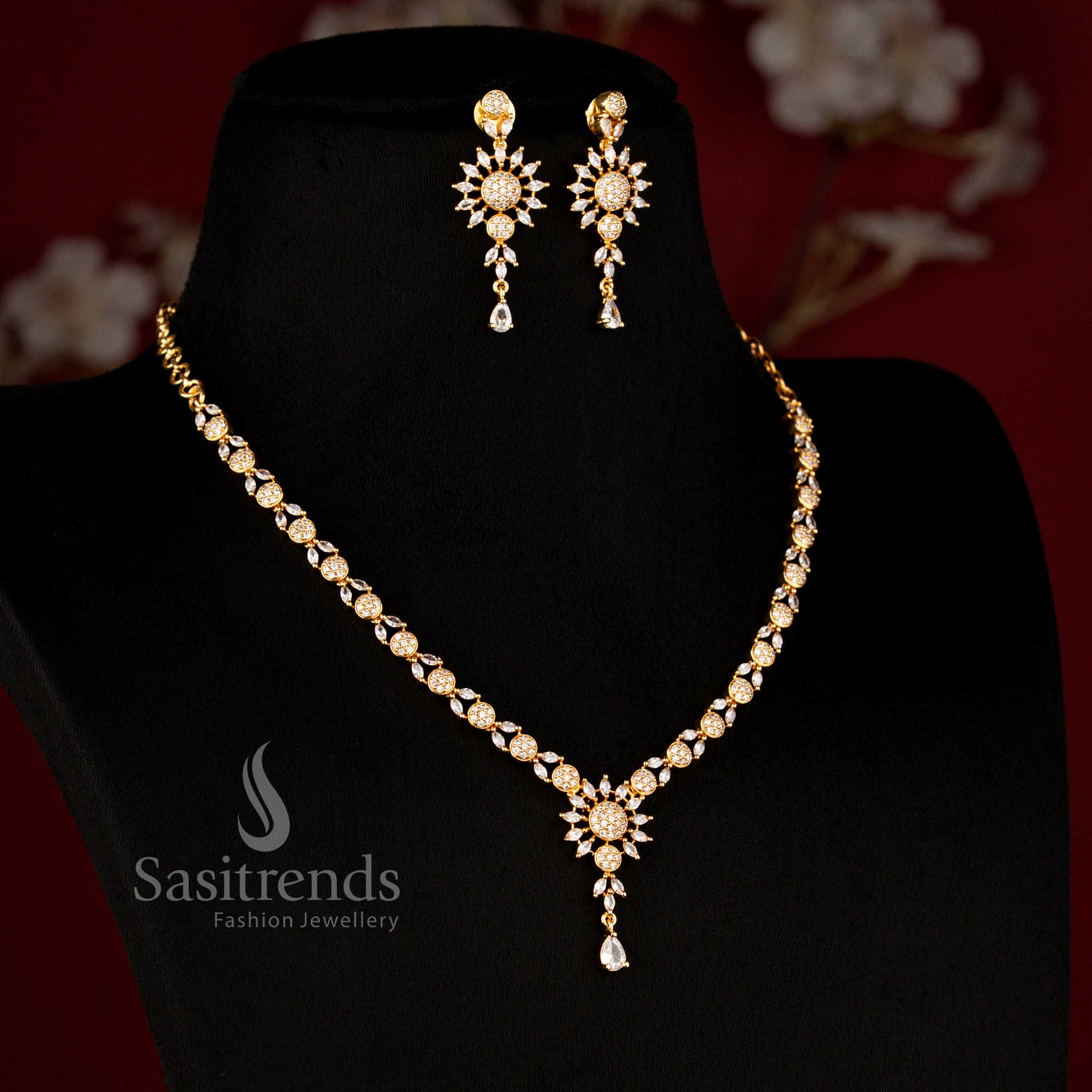 Traditional American Diamond hanging earrings with sunburst floral design - Sasitrends