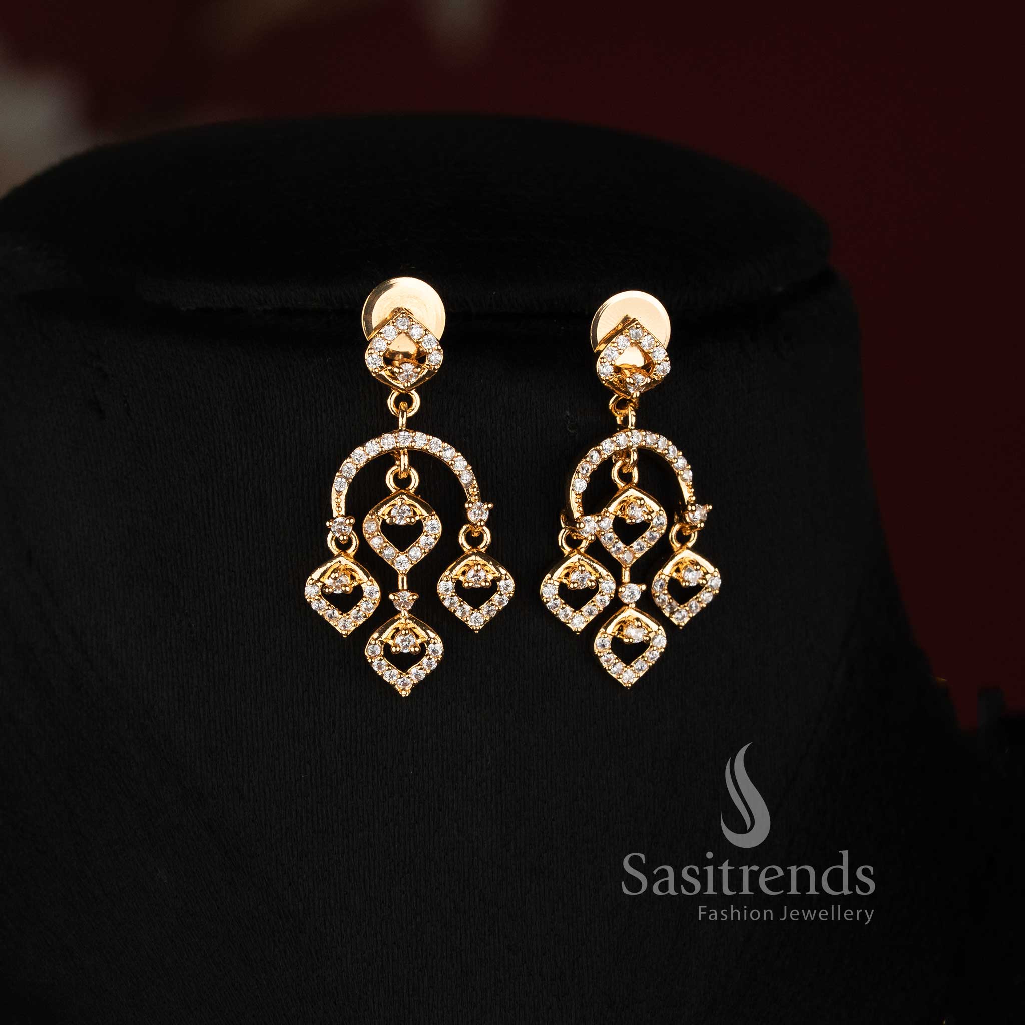 Micro Gold Plated AD Stone Chandelier Drop Earrings with Matching Necklace - Sasitrends