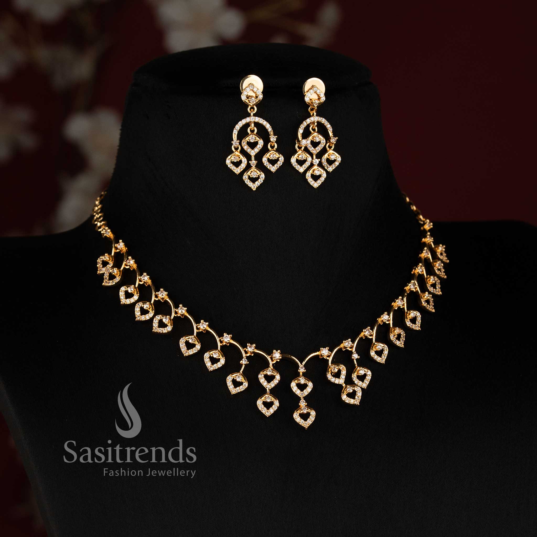Micro Gold Plated American Diamond Heart and Leaf Drop Necklace Set with Chandelier Earrings - Sasitrends