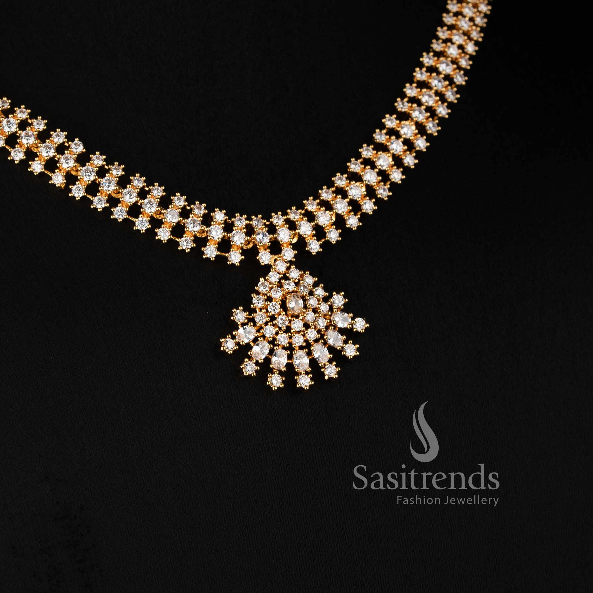 Micro Gold Plated AD Stone Fan-Shaped Cluster Drop Earrings with Matching Necklace - Sasitrends