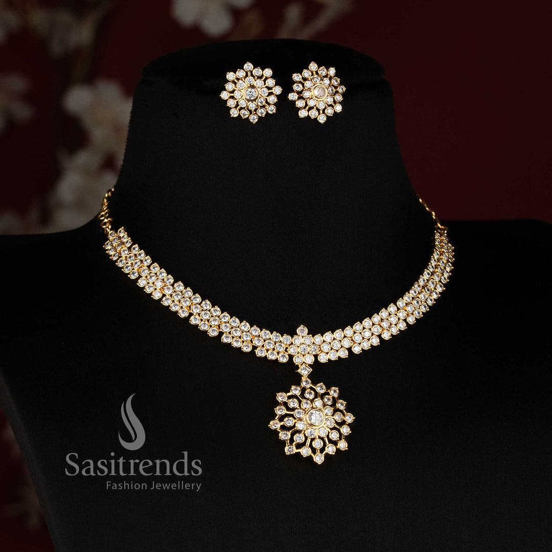 Micro Gold Plated American Diamond Triple-Row Necklace Set for Women - Sasitrends