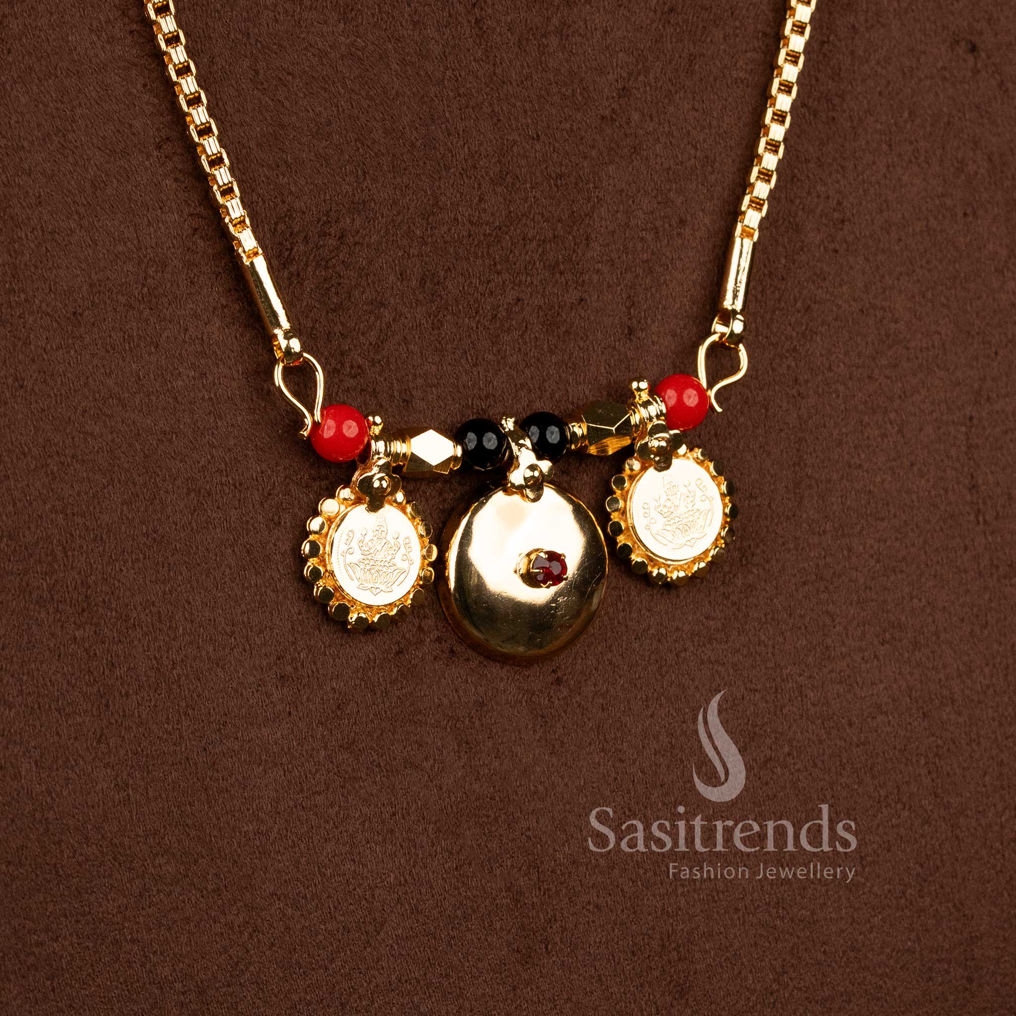 Traditional Lakshmi coin mangalsutra with gundu bottu and box link chain - Sasitrends