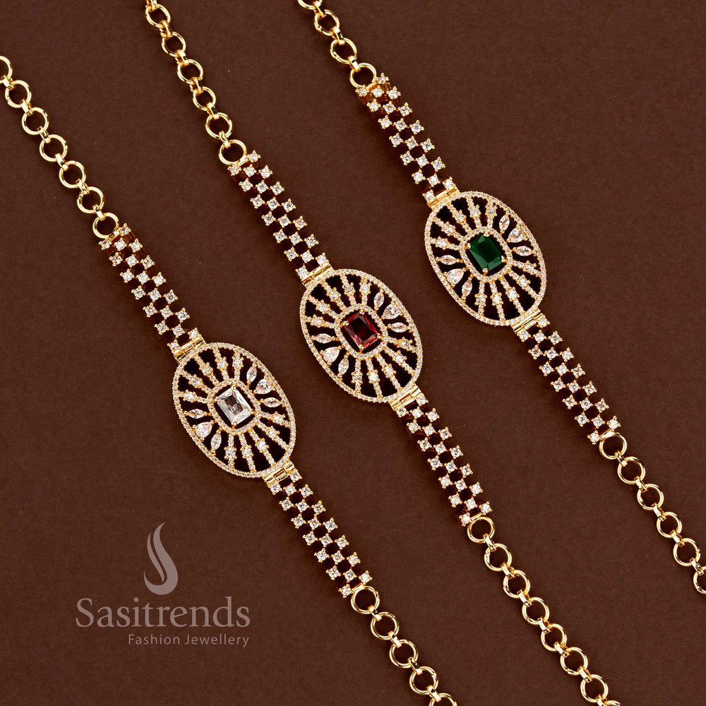 Detailed Circular American Diamond Medallion Bracelet with Multistrand Straps - Sasitrends
