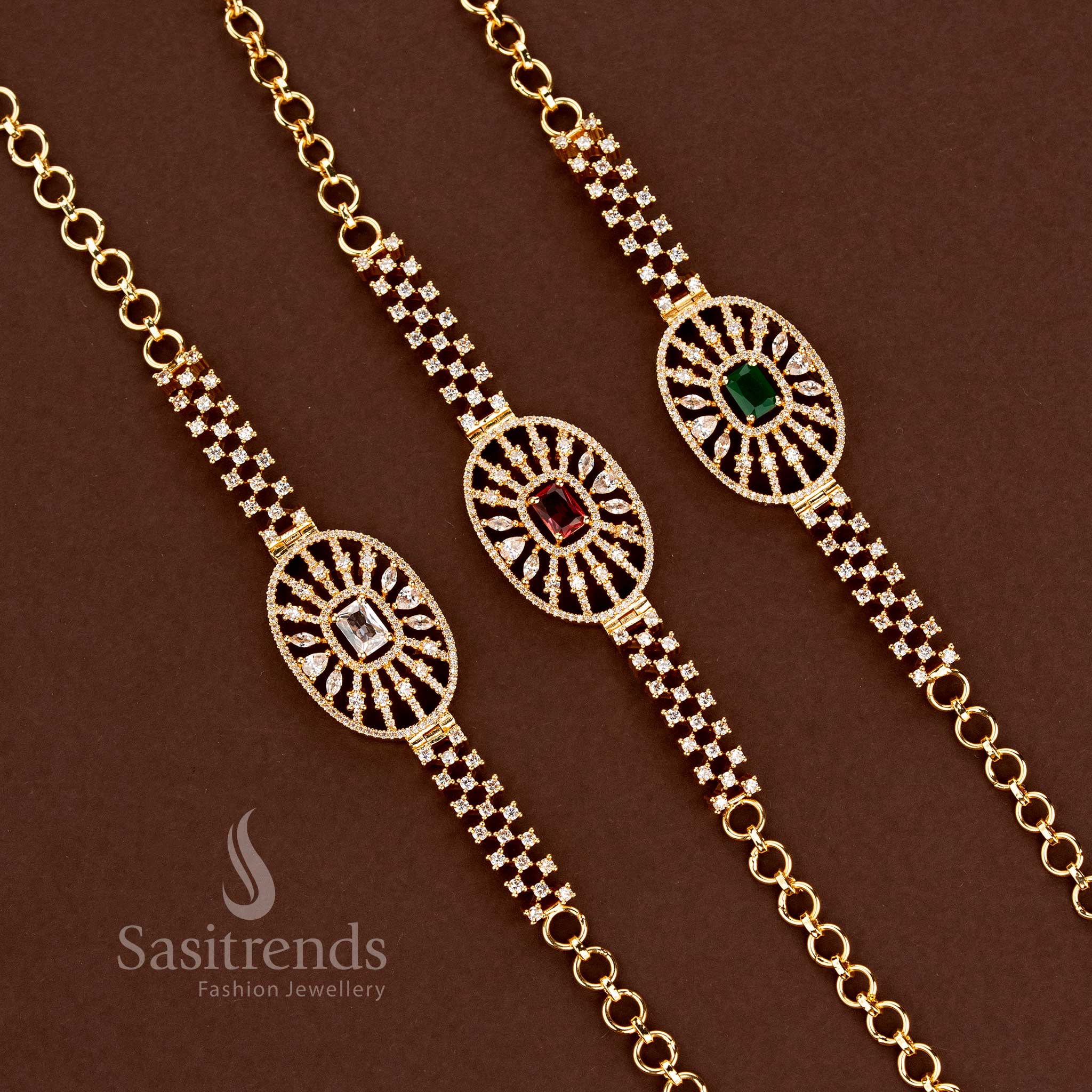 Detailed Circular American Diamond Medallion Bracelet with Multistrand Straps - Sasitrends