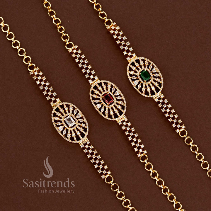 Detailed Circular American Diamond Medallion Bracelet with Multistrand Straps - Sasitrends
