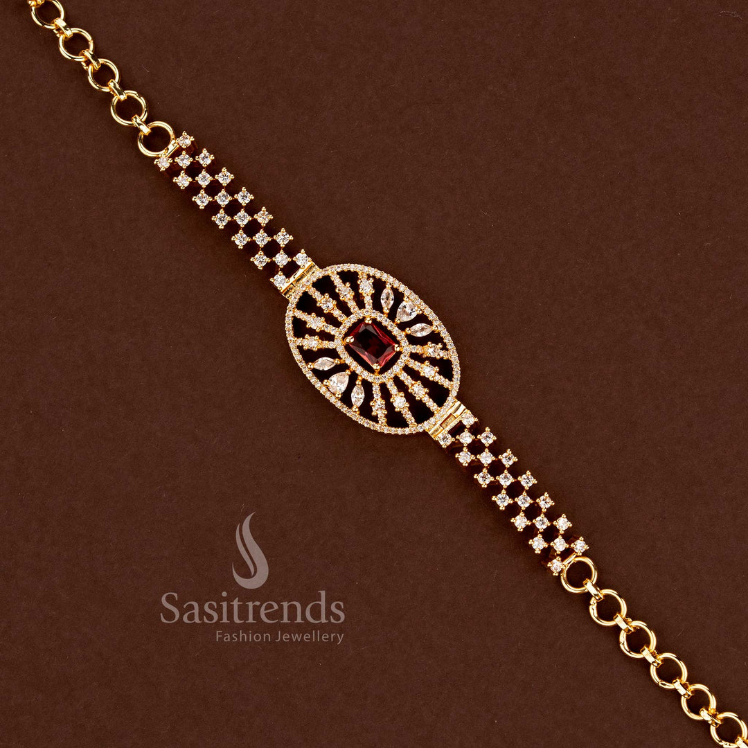 Detailed Circular American Diamond Medallion Bracelet with Multistrand Straps - Sasitrends