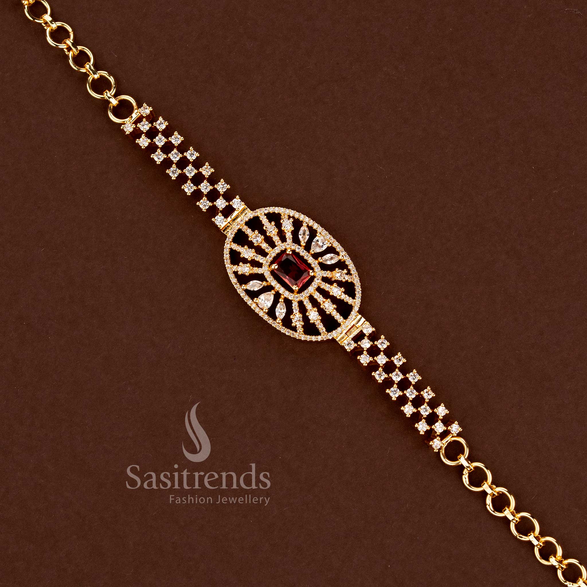 Detailed Circular American Diamond Medallion Bracelet with Multistrand Straps - Sasitrends