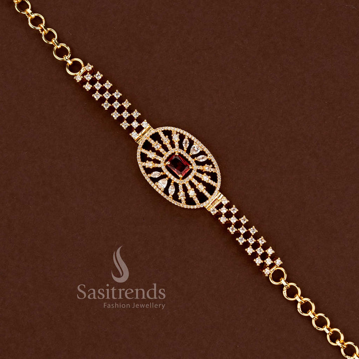 Detailed Circular American Diamond Medallion Bracelet with Multistrand Straps - Sasitrends
