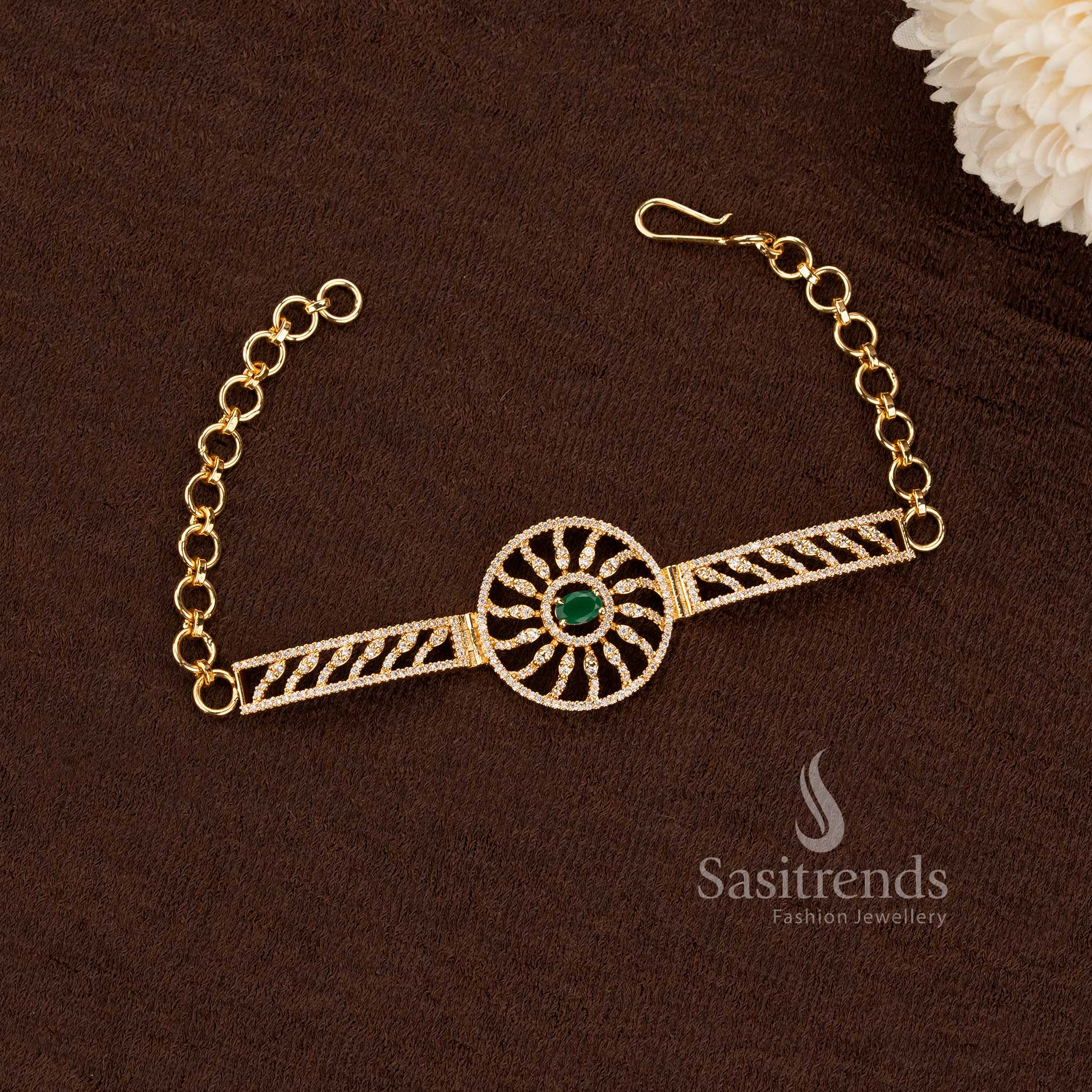 Stunning Circular Sunburst AD Stone Micro Gold Plated Bracelet with Filigree Wing Detailing - Sasitrends