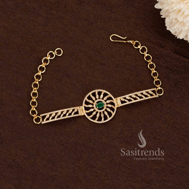 Stunning Circular Sunburst AD Stone Micro Gold Plated Bracelet with Filigree Wing Detailing - Sasitrends