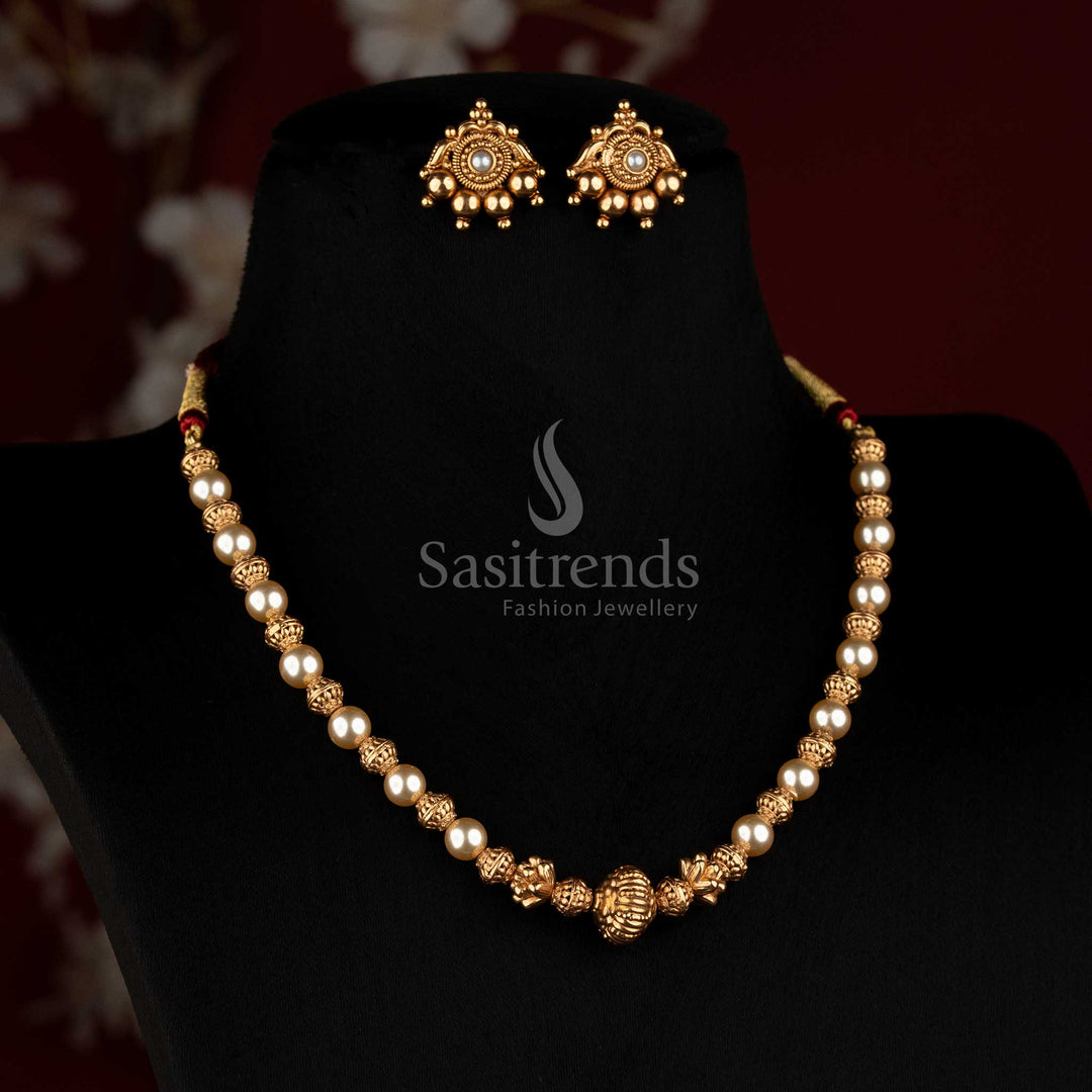 Traditional Antique Coral Pearl Golden Bead Long Mala Necklace Set for Women - Sasitrends