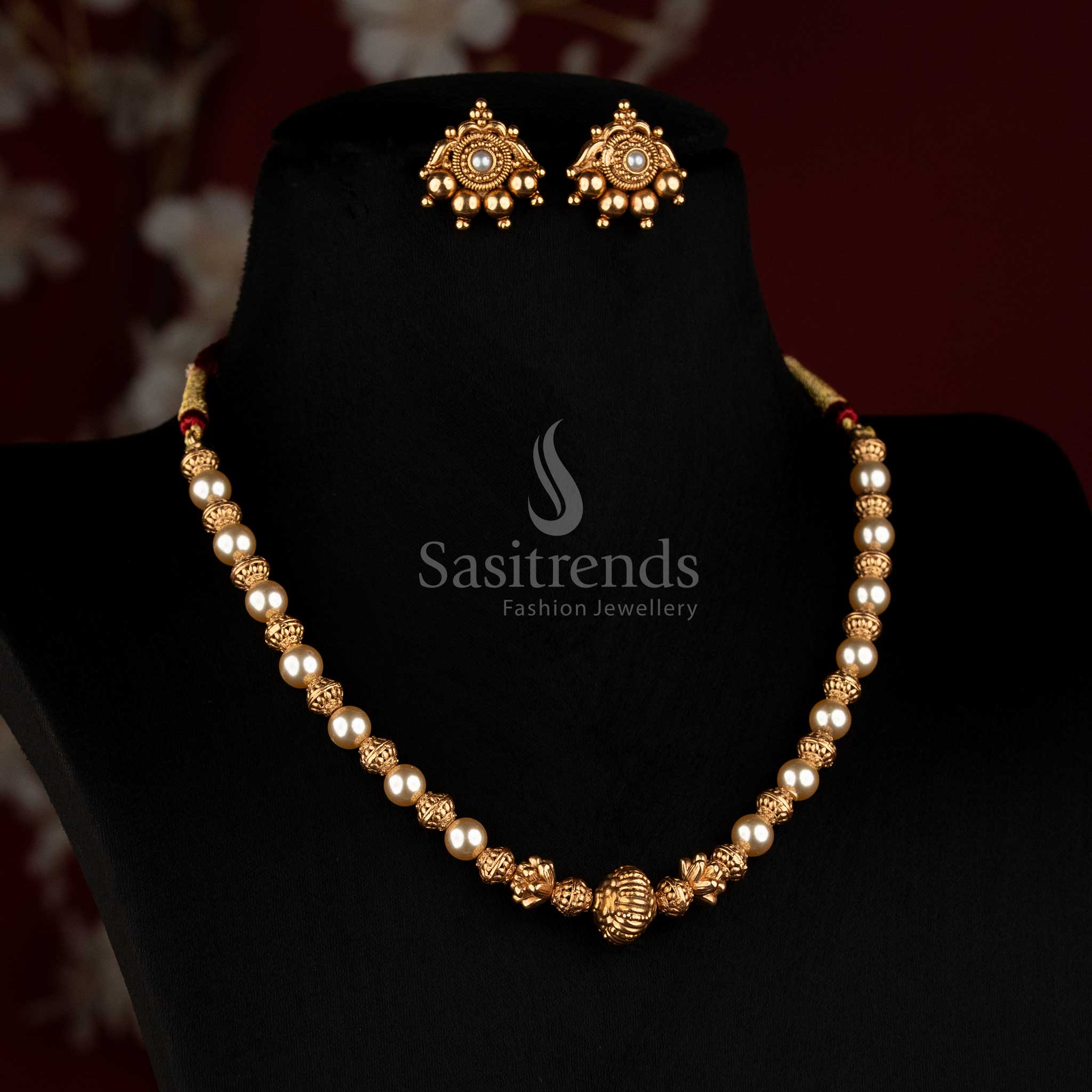 Traditional Antique Coral Pearl Golden Bead Long Mala Necklace Set for Women - Sasitrends
