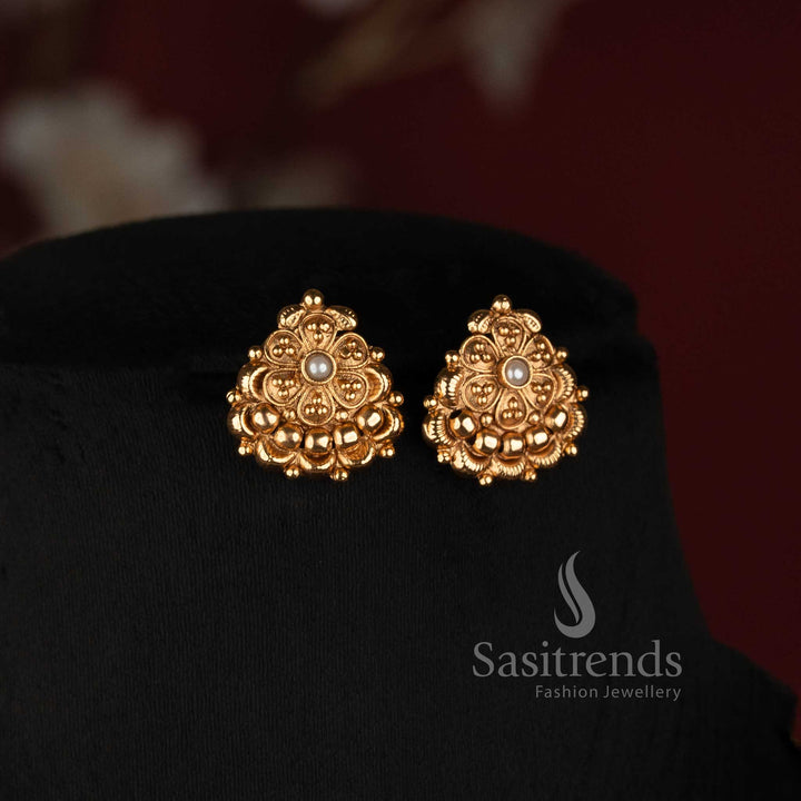 Traditional Antique Gold Filigree Sphere Pearl Mala Necklace Set with Matching Stud Earrings - Sasitrends