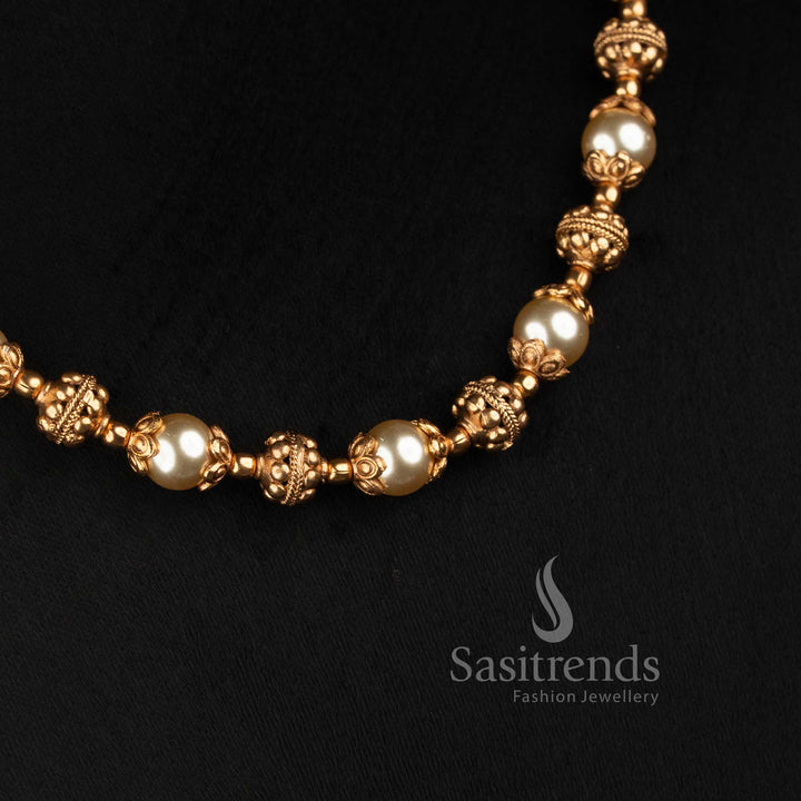 Antique Gold Filigree Sphere and Pearl Mala Necklace Set for Women - Sasitrends