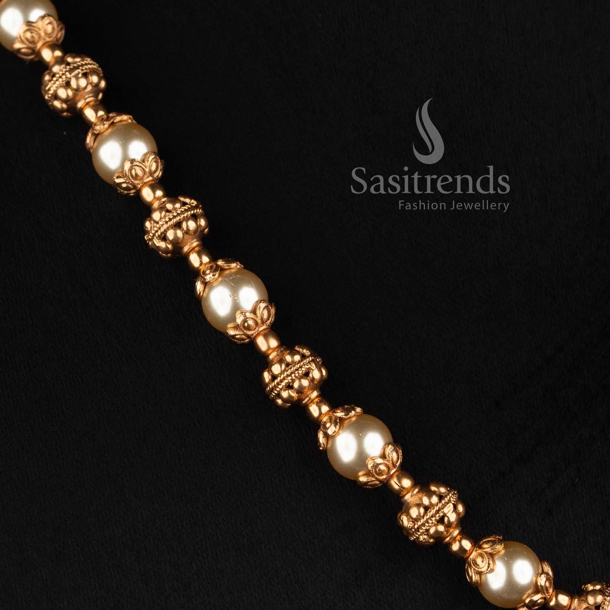 Detailed Antique Gold Bead Strand Necklace with Pearl Accents and Pearl Sunburst Studs - Sasitrends