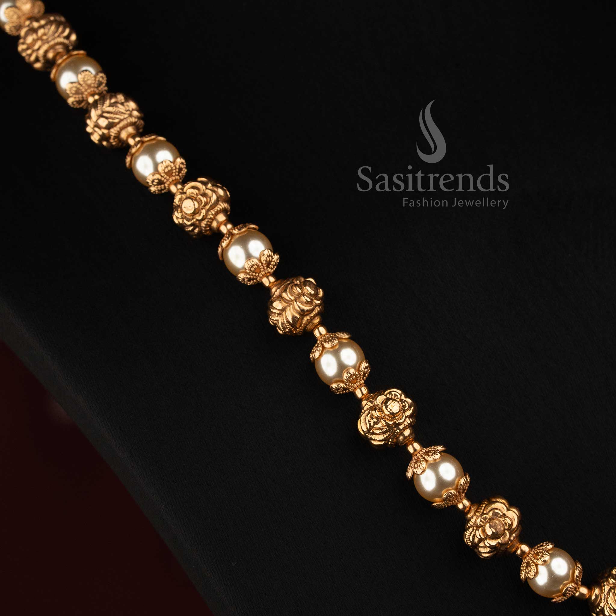 Antique Gold Plated Pearl Bead Long Haram Necklace Set for Bridal and Festive Wear - Sasitrends