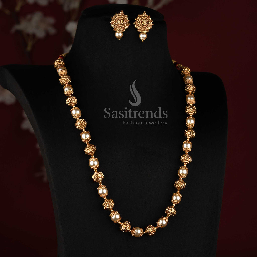 Traditional Antique Pearl and Golden Bead Long Mala Haram Set for Women - Sasitrends