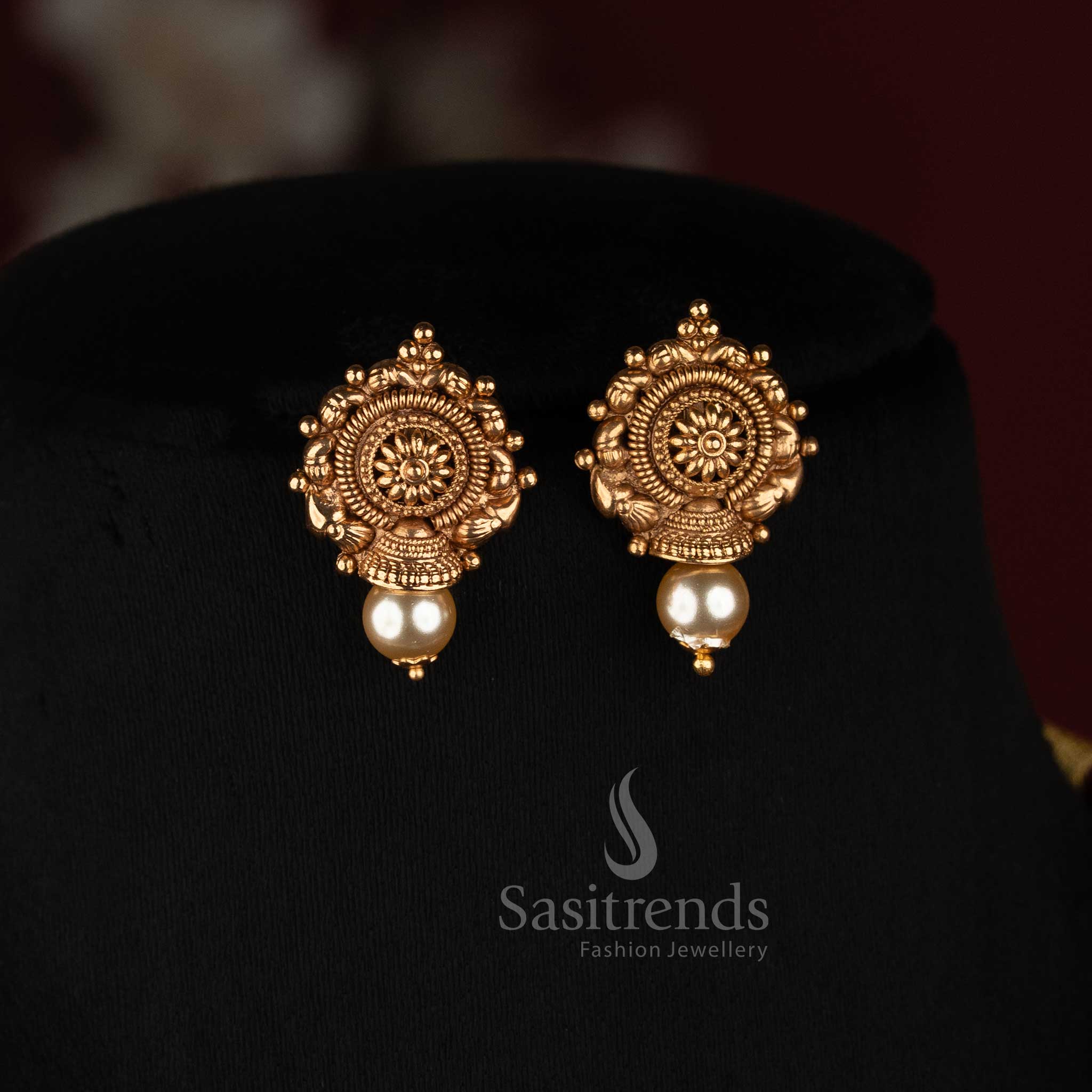 Antique Pearl and Carved Golden Bead Long Mala Haram Necklace Set with Pearl Drop Earrings - Sasitrends