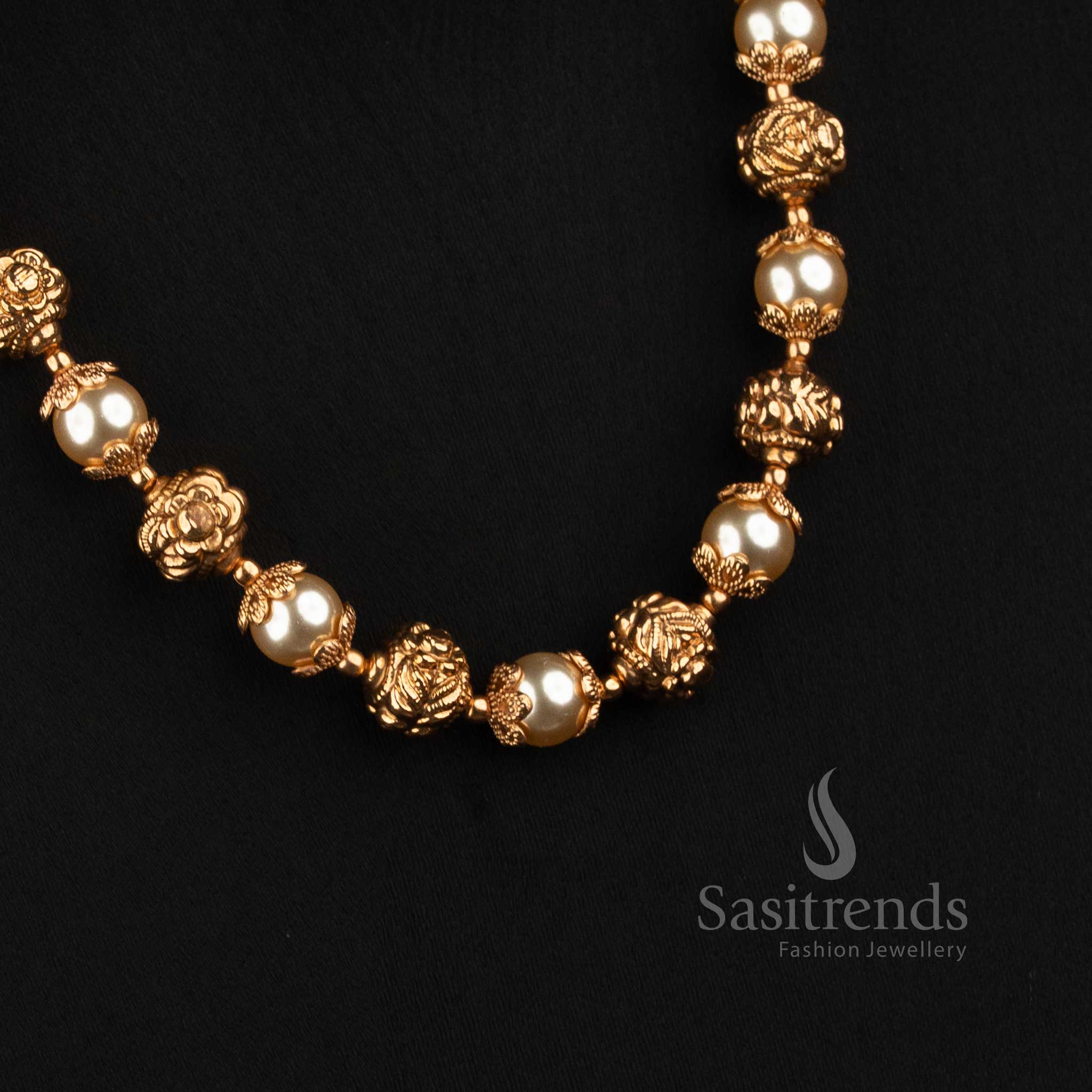 Antique Gold Plated Pearl Bead Long Haram Necklace Set for Bridal and Festive Wear - Sasitrends